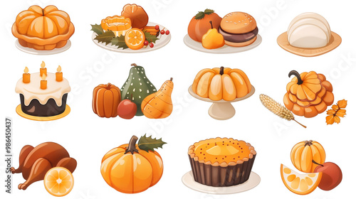 Food icons simple vector for Thanksgiving festival, PNG file, isolated on white, transparent background