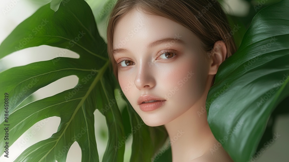 Portrait of a beautiful young girl with clean and healthy skin. Clean face of a white young girl close-up. Beautiful woman touches her face with her hand. Model with green leaves near the body. Beauty Portrait of a beautiful young girl with clean and healthy skin. Clean face of a white young girl close-up. Beautiful woman touches her face with her hand. Model with green leaves near the body. Beauty
