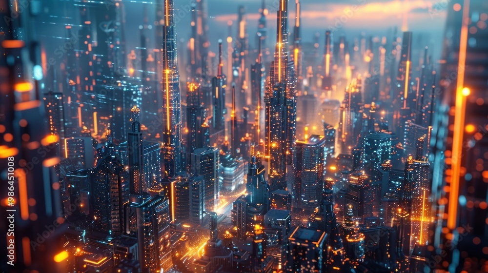 Fototapeta premium A futuristic cityscape with glowing holographic interfaces, showcasing dynamic lighting and advanced technology elements, incredibly detailed and intricate.