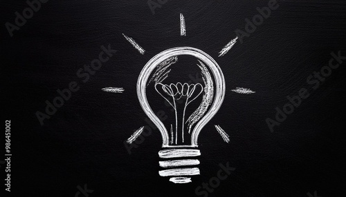 A light bulb drawn with chalk on the blackboard; a hand drawn light bulb to show the concept of idea and innovation; bright ideas