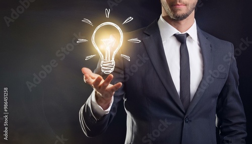 A professional is holding his palm open with a lightbulb floating above to show idea and innovation; technology photography