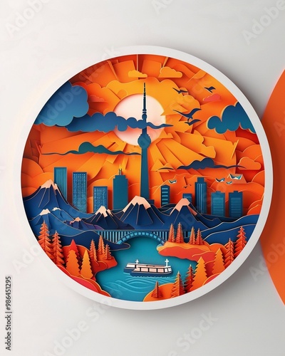 Paper cut out city round landscape image