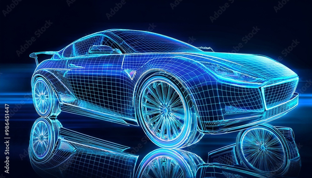 Fototapeta premium An automotive outline and blueprint lines surrounding the car; blue contour lines of a car with a dark background; car and automobile design; 3D illustrated design with blue glowing lines