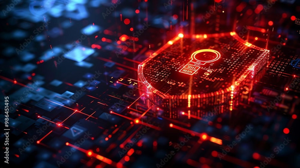 Cyber security concept with glowing red shield on dark background. 3D Rendering Cyber security concept with glowing red shield on dark background. 3D Rendering