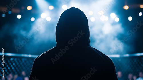 fighter; silhouette; hooded; arena; cage; stage lights; combat; competition; UFC; boxing; dramatic lighting; anticipation; martial arts; mixed martial arts; MMA; fight night; athlete; strength; determ photo