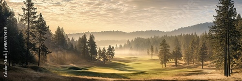 A wide shot of the gold course at Renamur Golf Club in Lake Keleds, Oregon, with pine tree photo