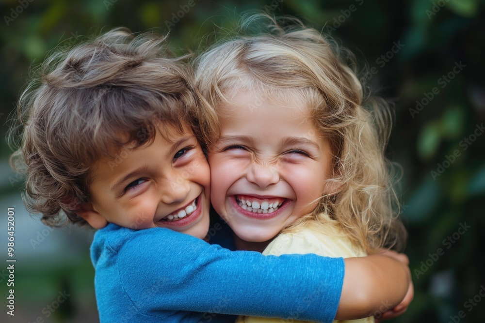 Two laughing caucasian kids embracing boy and girl playfully on the street outdoors