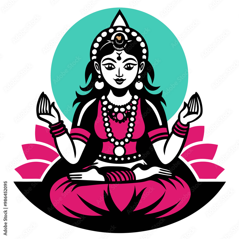 Goddess Lakshmi with serene expression seated on lotus flower against teal circle for t-shirt print Goddess Lakshmi with serene expression seated on lotus flower against teal circle for t-shirt print