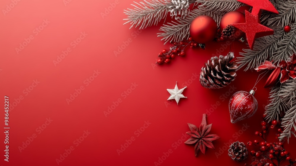 Christmas Decorations on a Red Background, Festive Holiday Season Concept Generative AI Christmas Decorations on a Red Background, Festive Holiday Season Concept Generative AI