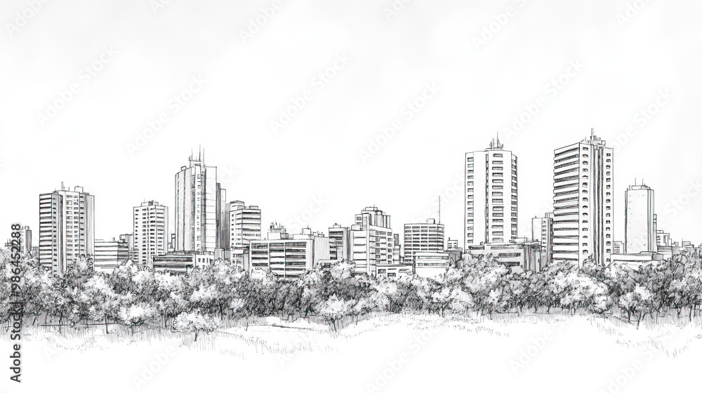 Obraz premium Villahermosa, Mexico, black and white pen pencil hand-drawn effect drawing illustration for travel poster, card, wallpaper, backdrop or banner. Modern, clear, artistic and simple