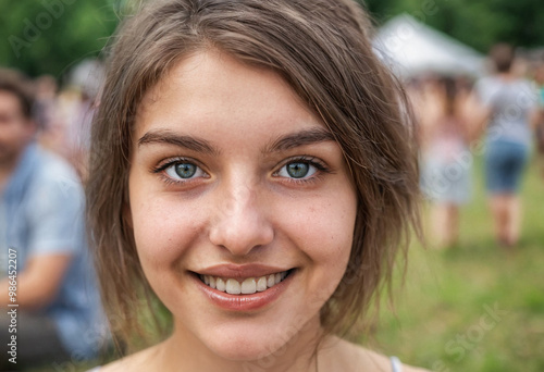 teenager, teenage girl, close-up face, friendly, cheerful and in a good mood, in a good mood and with a smile, smiling happily and contentedly, outside