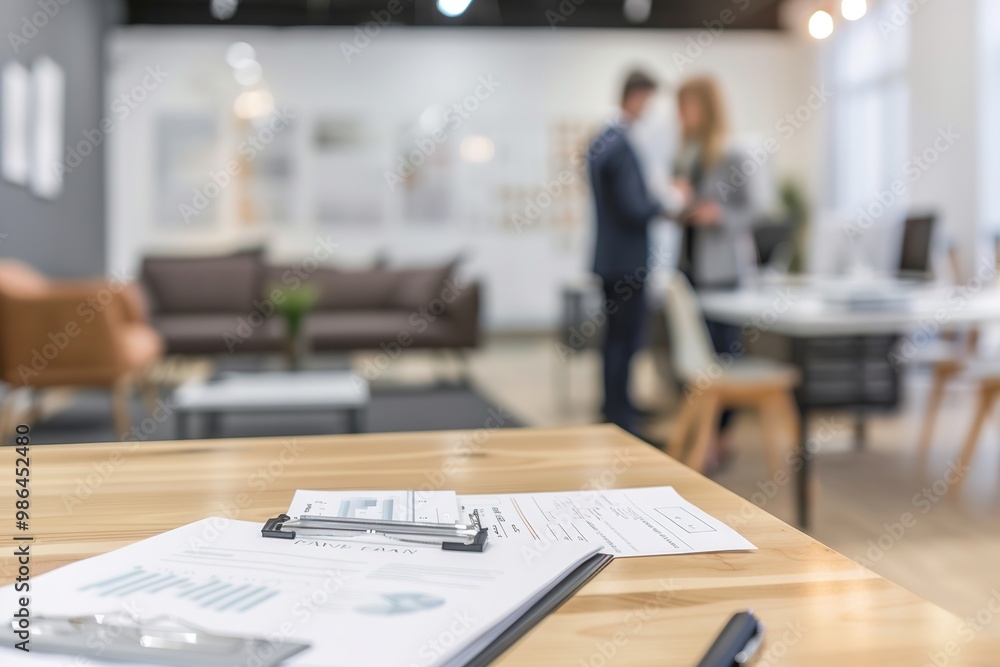 Clipboard on desk with blurred businesspeople in background Clipboard on desk with blurred businesspeople in background
