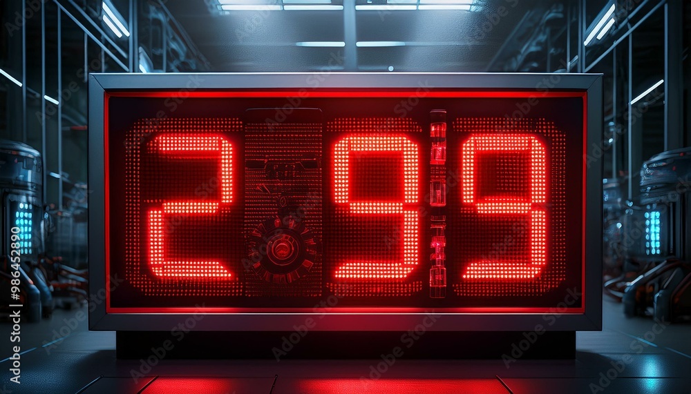 A red LED display with a countdown timer in a futuristic industrial setting. A red LED display with a countdown timer in a futuristic industrial setting.