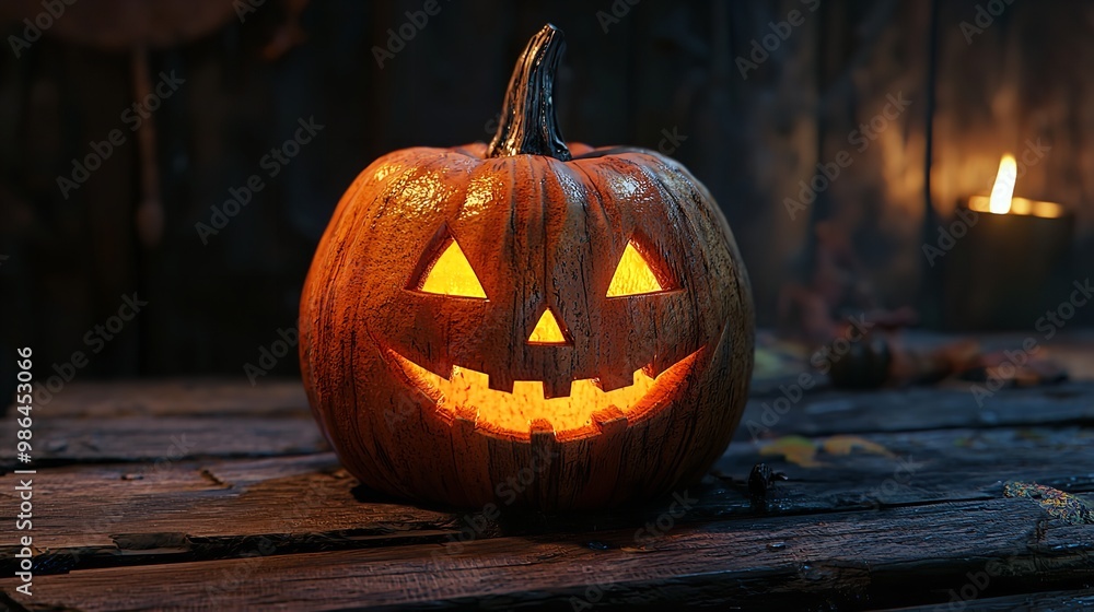 Fototapeta premium Sinister Halloween Pumpkin Resting on Old Wooden Table