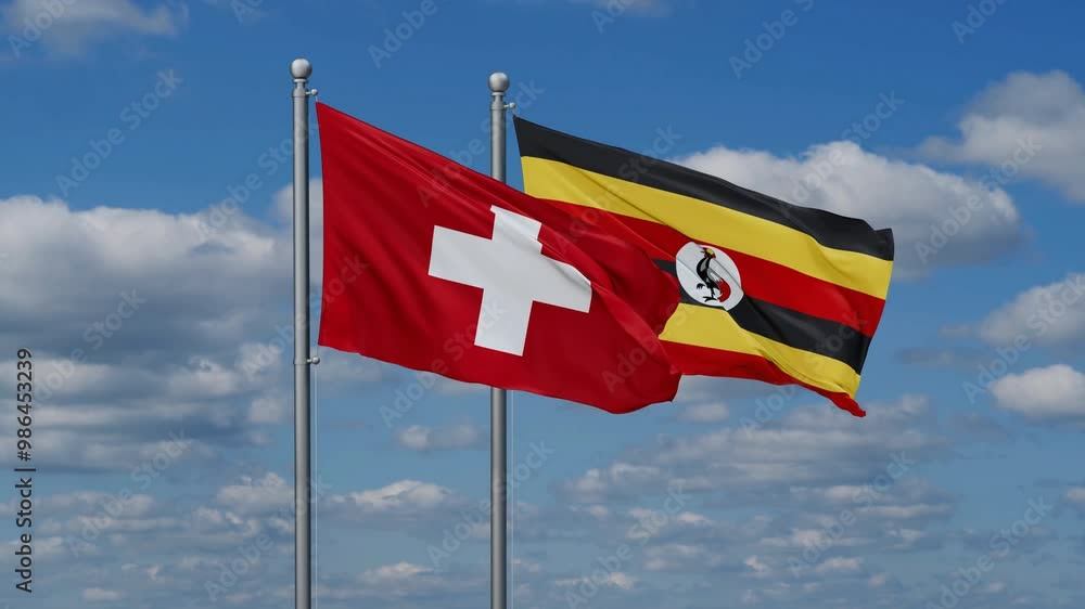 Republic of Uganda and Switzerland flags flying together, video concept of the relationship, two country cooperation concept Republic of Uganda and Switzerland flags flying together, video concept of the relationship, two country cooperation concept
