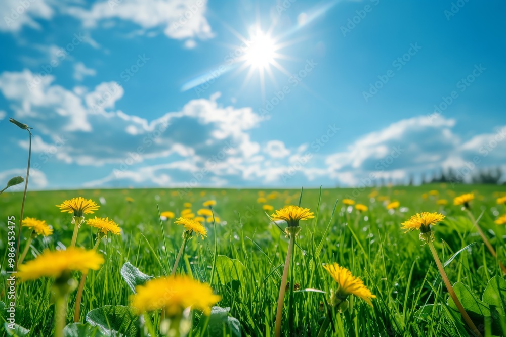 Fototapeta premium A field of yellow flowers with a bright blue sky in the background. The sun is shining brightly, making the flowers look even more vibrant. The scene is peaceful and serene