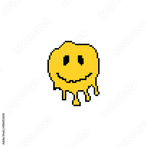 Pixel art melting smiley face. Dripping yellow smiley in retro pixelated style. photo