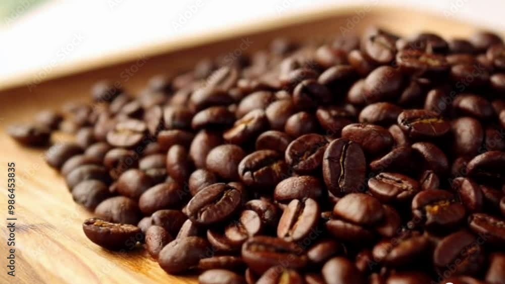 Whole coffee beans are sprinkled on a cutting board Whole coffee beans are sprinkled on a cutting board