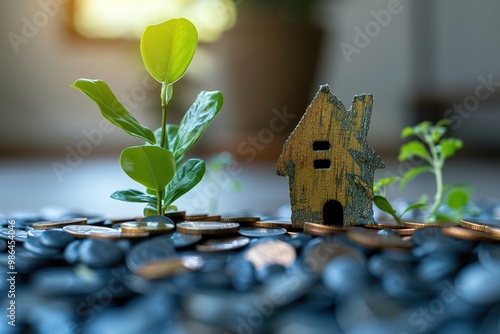 Young plant growing among coins with wooden house model in backd photo