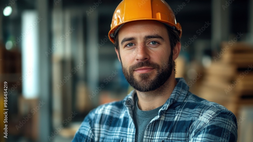 A construction worker smiling confidently while wearing a hard hat in a busy warehouse setting A construction worker smiling confidently while wearing a hard hat in a busy warehouse setting