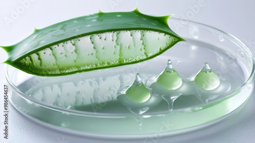 Aloe vera extract research in laboratory with a petri dish on white background for aloe vera research advertising  photography science content  top view.