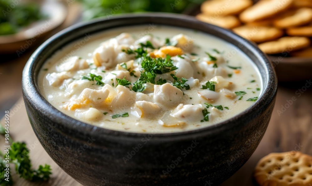 Creamy seafood chowder in a bowl. Creamy seafood chowder in a bowl.
