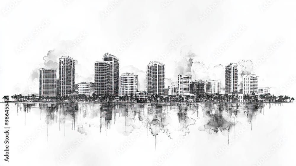 Obraz premium West Palm Beach, Florida, black and white pen pencil hand-drawn effect drawing illustration for travel poster, card, wallpaper, backdrop or banner. Modern, clear, artistic and simple