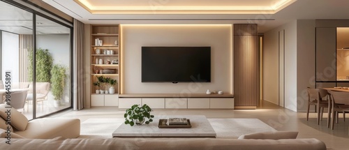 Modern minimalist living room with TV cabinet, bookcase, and dining table Generative AI