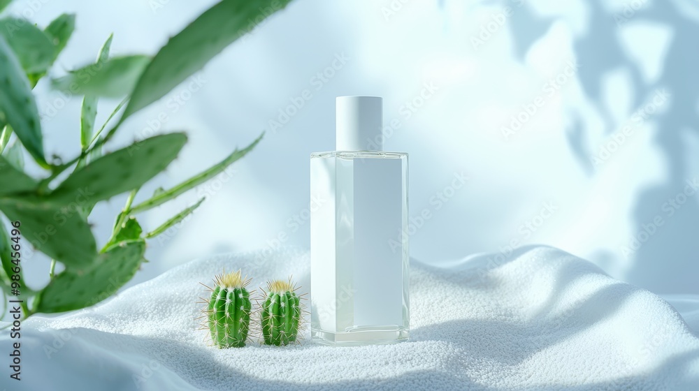 Minimalist White Bottle with Soft Blue Background and Cactus Accents: Clean Aesthetic for Lotion or Perfume Advertisement with Textured Surface and Serene Natural Touch in Composition. Minimalist White Bottle with Soft Blue Background and Cactus Accents: Clean Aesthetic for Lotion or Perfume Advertisement with Textured Surface and Serene Natural Touch in Composition.