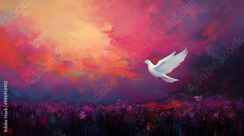 White dove flying through a vibrant pink and orange sunset sky, symbolizing peace and hope