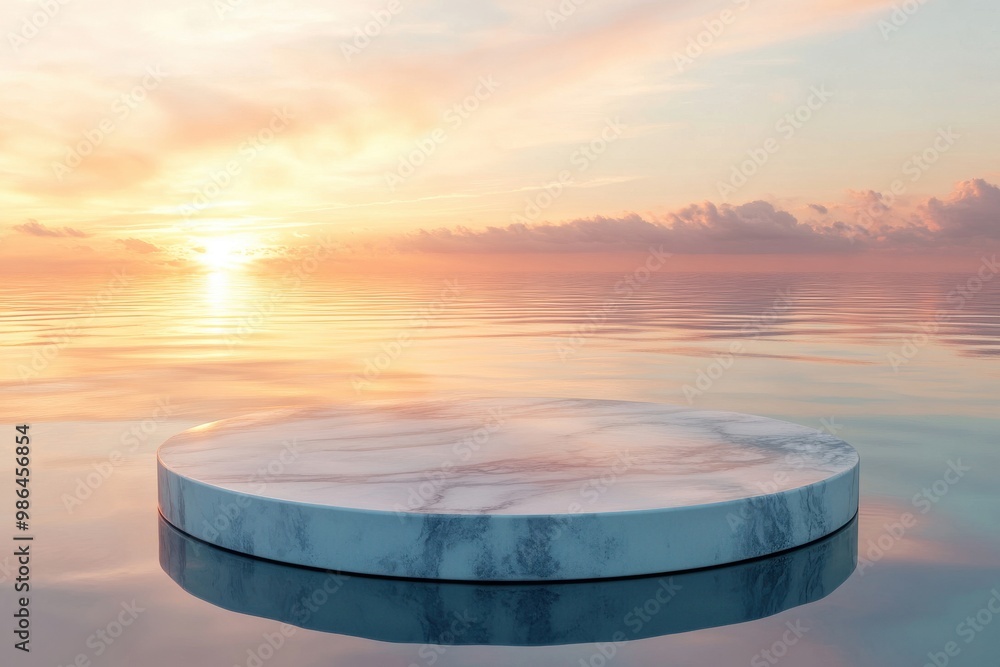Floating round marble base on calm waters at dusk Floating round marble base on calm waters at dusk