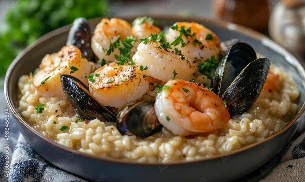 Seafood risotto with mussels and shrimp. Seafood risotto with mussels and shrimp.