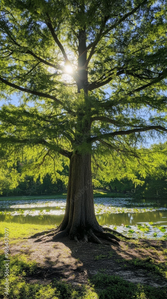 Fototapeta premium A majestic Bald Cypress tree reflects the morning sun over calm waters nearby