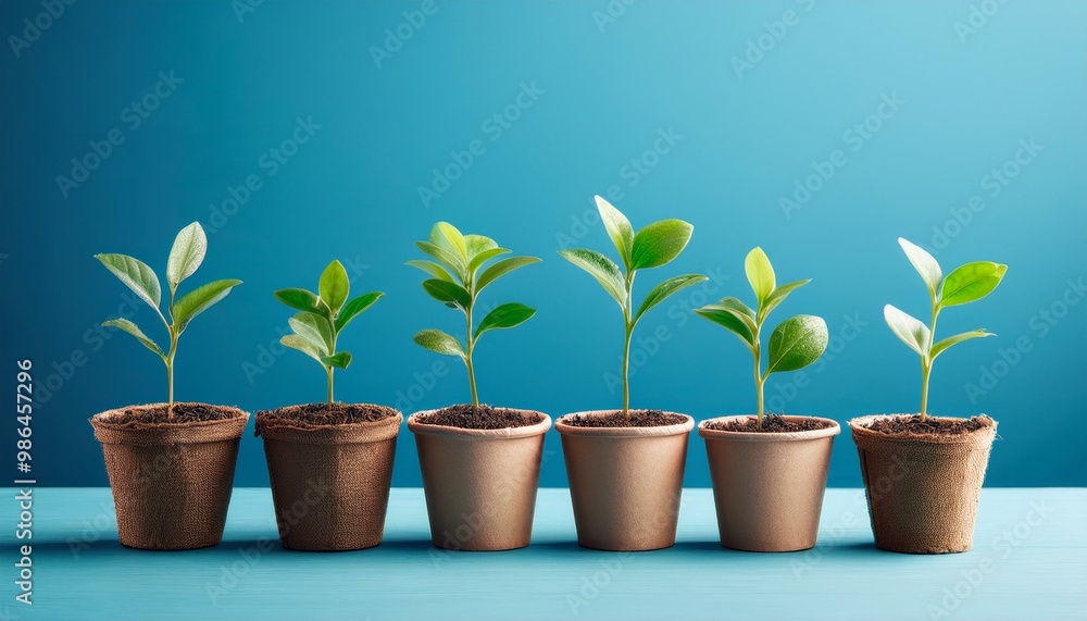 A row of young saplings in biodegradable pots against a vibrant blue background. A row of young saplings in biodegradable pots against a vibrant blue background.