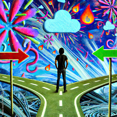 Lost in a maze of endless choices. A person standing at a surreal crossroads, overwhelmed by a multitude of choices and possibilities, symbolizing overthinking.