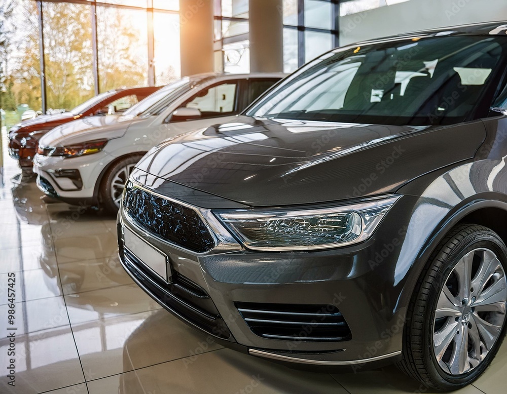 A row of new cars on display in a dealership showroom. The cars are shiny and new, ready for purchase. A row of new cars on display in a dealership showroom. The cars are shiny and new, ready for purchase.