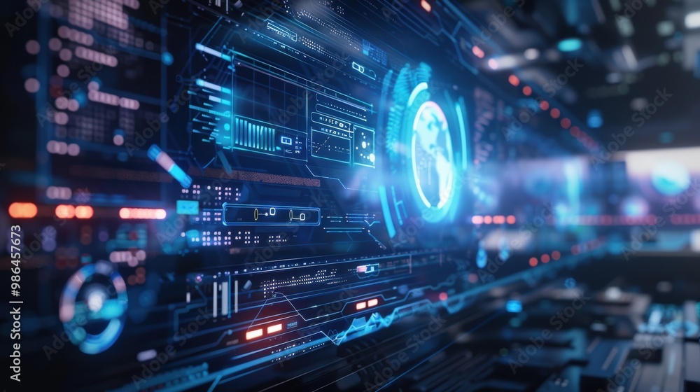 High-tech digital interface featuring a holographic display with neon blue elements, showcasing futuristic technology and advanced data visualization. High-tech digital interface featuring a holographic display with neon blue elements, showcasing futuristic technology and advanced data visualization.