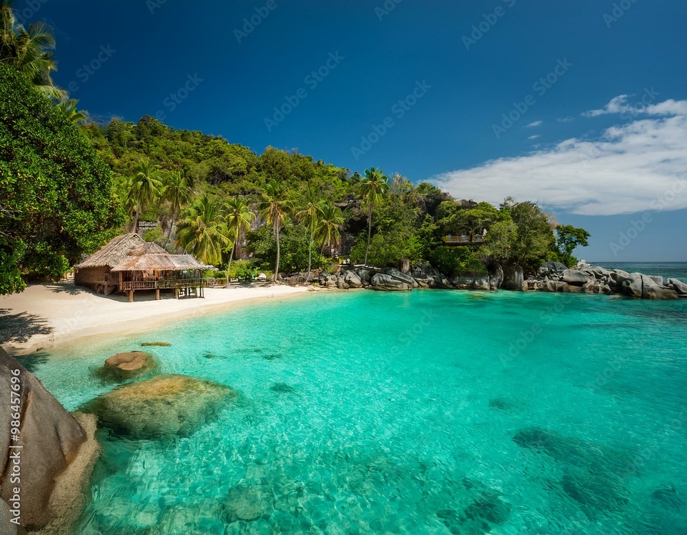 Obraz premium A secluded tropical beach with crystal clear turquoise water and a small hut on the shore. The beach is surrounded by lush green trees and a rocky cliff.