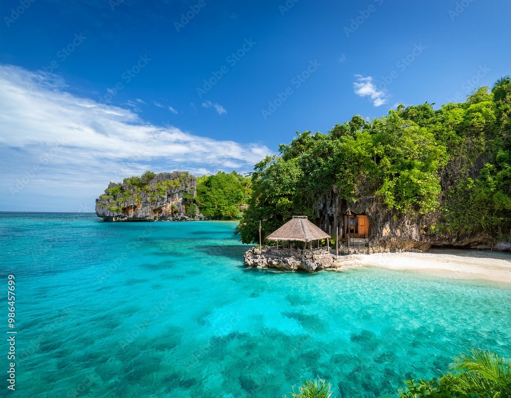 Obraz premium A secluded tropical beach with crystal clear turquoise water and a small hut on the shore. The beach is surrounded by lush green trees and a rocky cliff.