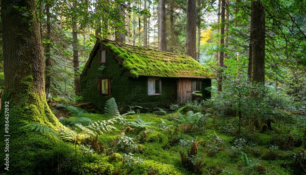 A secluded, moss-covered cabin nestled deep in a lush forest. A secluded, moss-covered cabin nestled deep in a lush forest.