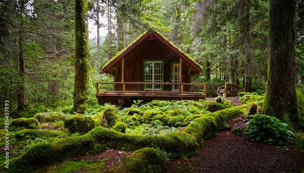 A secluded, moss-covered cabin nestled deep in a lush forest. A secluded, moss-covered cabin nestled deep in a lush forest.