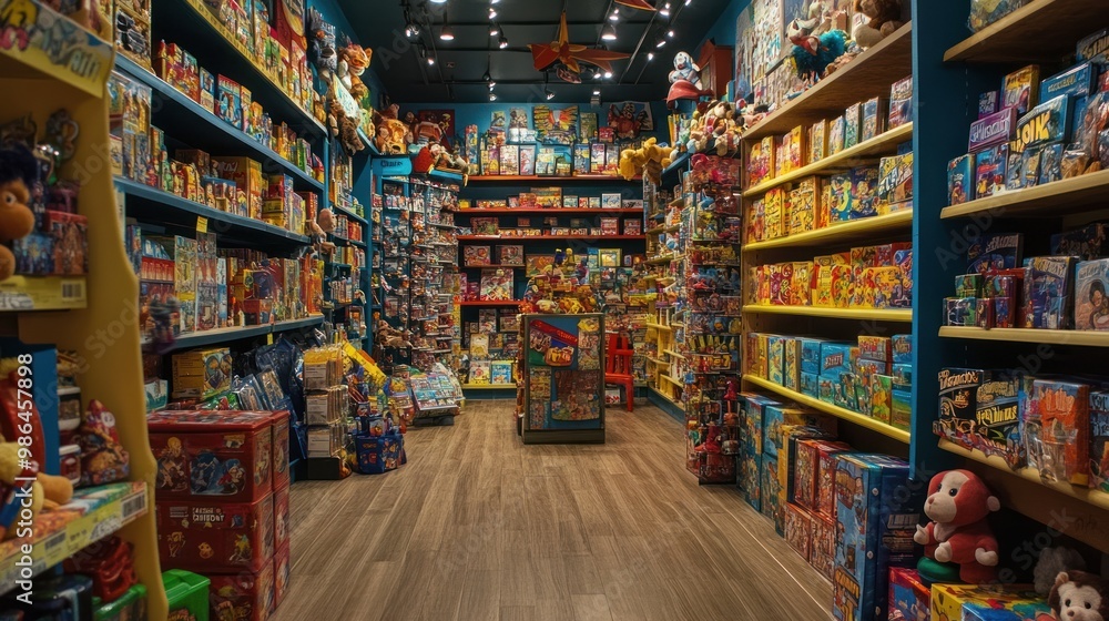 Close up of a toy store with tall shelves filled with brightly colored toys. Ai generated image Close up of a toy store with tall shelves filled with brightly colored toys. Ai generated image
