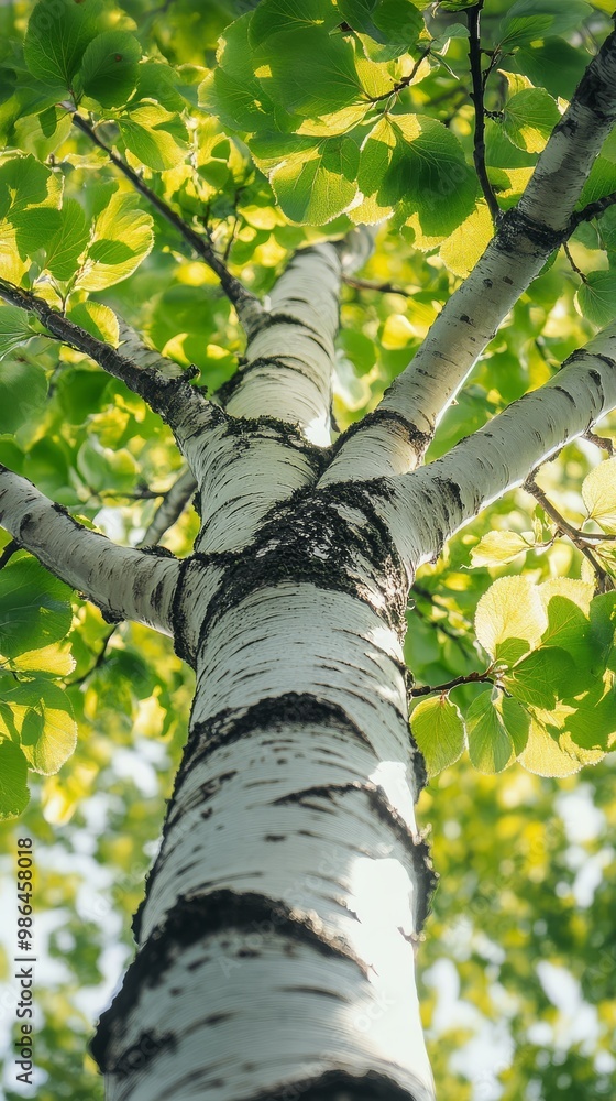 Fototapeta premium Sunlight shines through green leaves highlighting the Birch Betula trees trunk