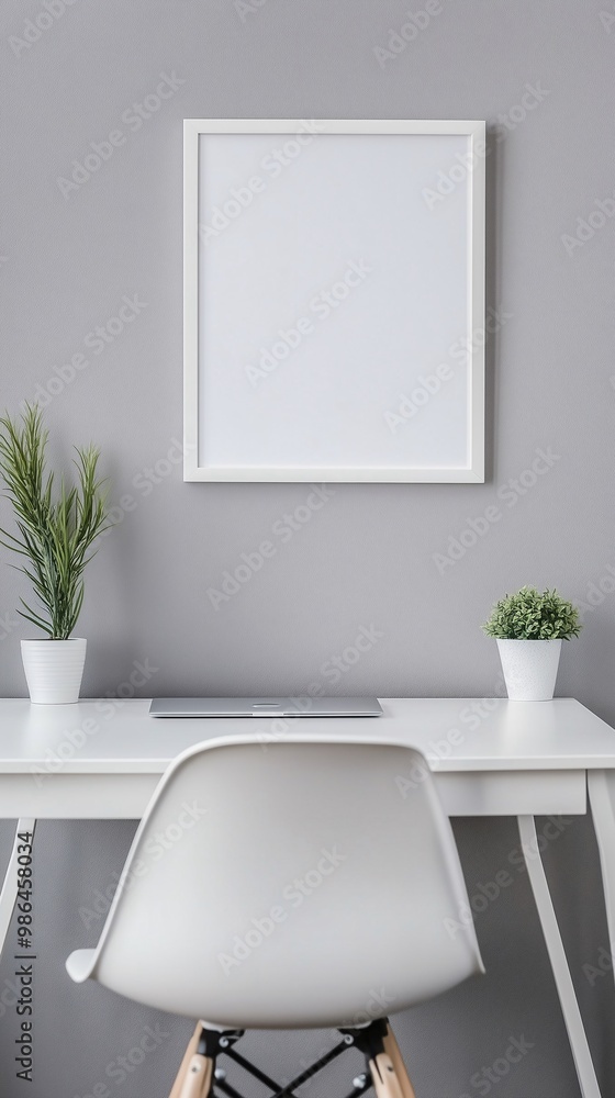 blank photo frame mockup on grey wall with minimal white desk and plant decorating blank photo frame mockup on grey wall with minimal white desk and plant decorating
