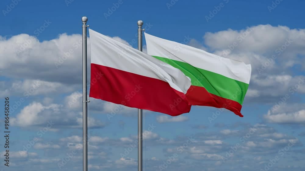 Bulgaria and Poland flags flying together, video concept of the relationship, two country relations concept Bulgaria and Poland flags flying together, video concept of the relationship, two country relations concept
