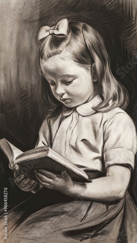 Monochrome Illustration of a Girl Engrossed in Reading