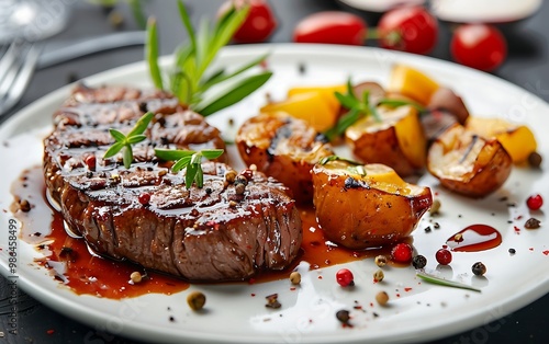 Grilled steak with potatoes and vegetables on a white plate in a restaurant