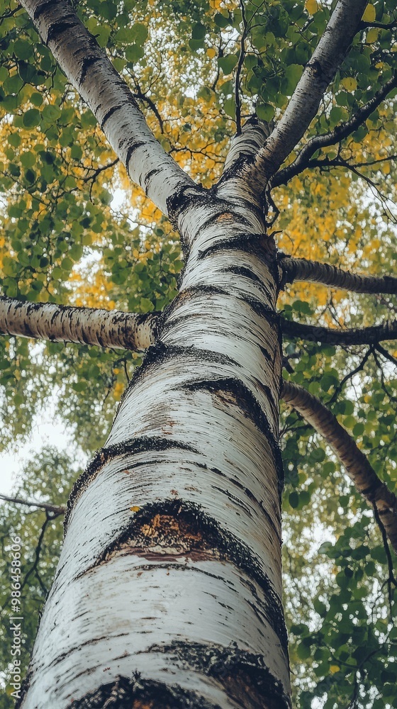 Fototapeta premium The birch trees smooth white bark contrasts beautifully with lush green leaves above
