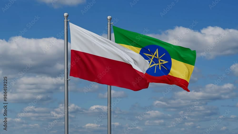 Ethiopia and Poland flags flying together, video concept of the relationship, two country relations concept Ethiopia and Poland flags flying together, video concept of the relationship, two country relations concept