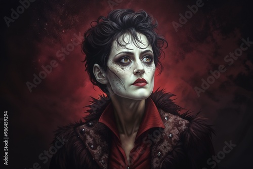 Haunting portrait of gothic character with pale makeup and dark attire